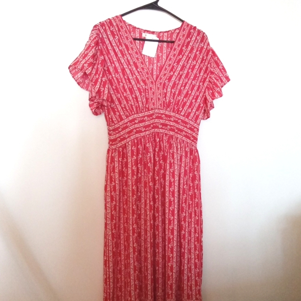 Max Studio Women's Red & White Cottagecore Maxi Dress with Flutter Sleeves Small